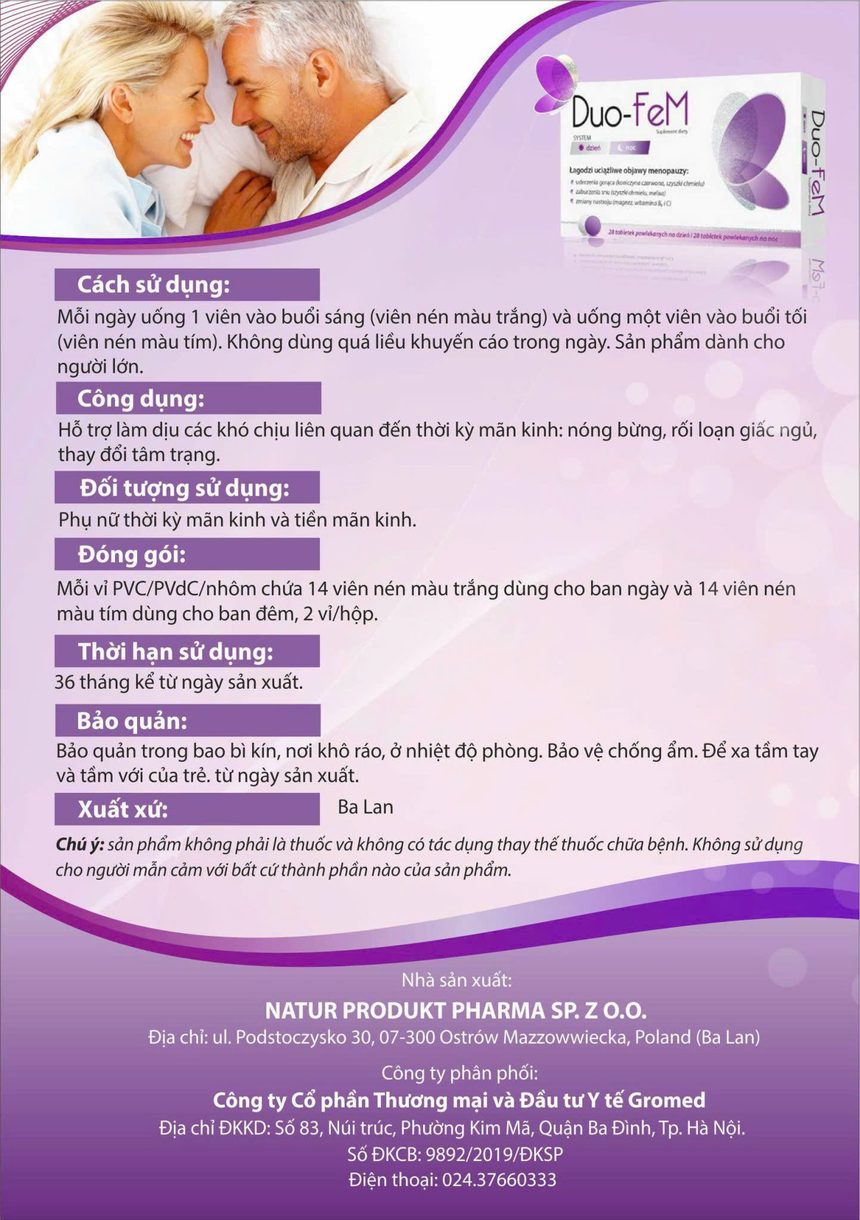 Cách sử dụng Duo-Fem: sáng 1 viên trắng, tối 1 viên tím - xuất xứ Ba Lan